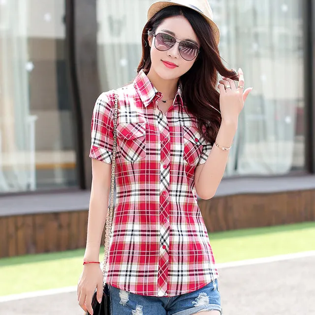 2017 Fashion Women's Cotton Plaid Short Sleeve Plus Size Women Blouse Shirt  Casual Cotton Tops Girl Summer Clothing Shirts