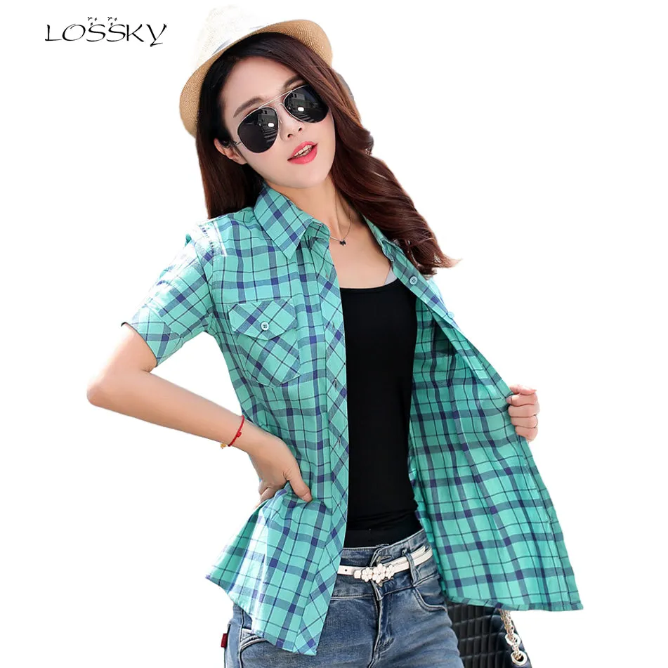 2017 Fashion Women's Cotton Plaid Short Sleeve Plus Size Women Blouse Shirt  Casual Cotton Tops Girl Summer Clothing Shirts