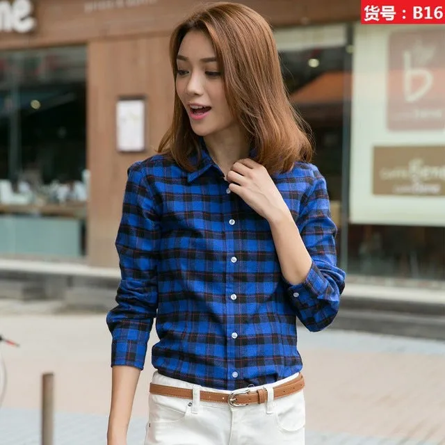 2017 Spring New Fashion Casual Lapel Plus Size Blouses women plaid shirt Checks Flannel Shirts Female Long Sleeve Tops Blouse