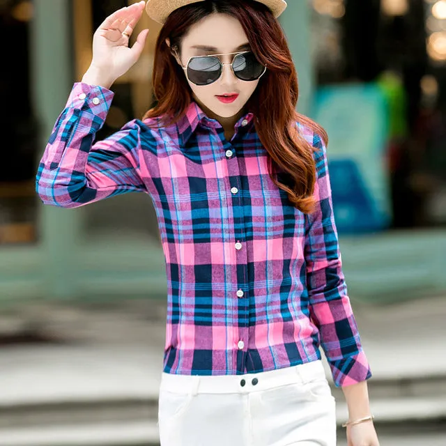 2017 Spring New Fashion Casual Lapel Plus Size Blouses women plaid shirt Checks Flannel Shirts Female Long Sleeve Tops Blouse