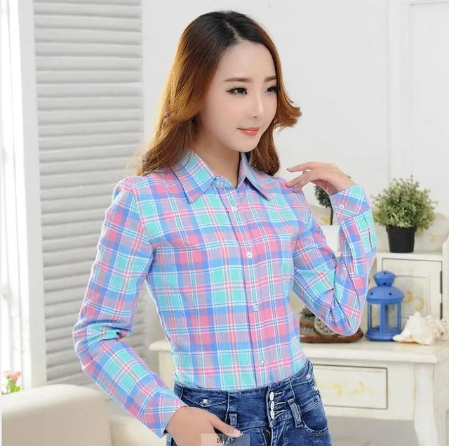 2017 Spring New Fashion Casual Lapel Plus Size Blouses women plaid shirt Checks Flannel Shirts Female Long Sleeve Tops Blouse