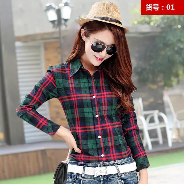 2017 Spring New Fashion Casual Lapel Plus Size Blouses women plaid shirt Checks Flannel Shirts Female Long Sleeve Tops Blouse