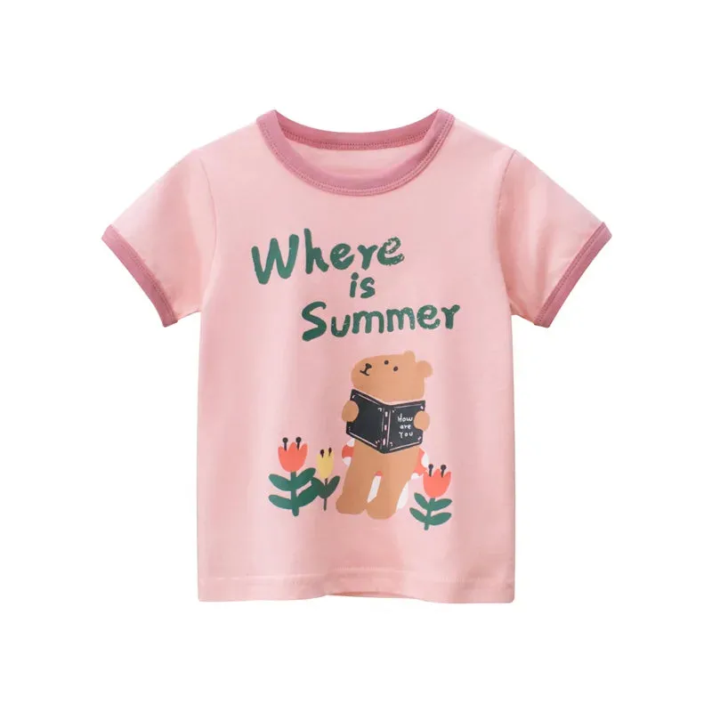 2023 Summer Children Short Sleeve T-shirts For Girl Printed Bear Baby Girl Top 2-8 Years Baby Girl T Shirts Toddler Girl Clothes