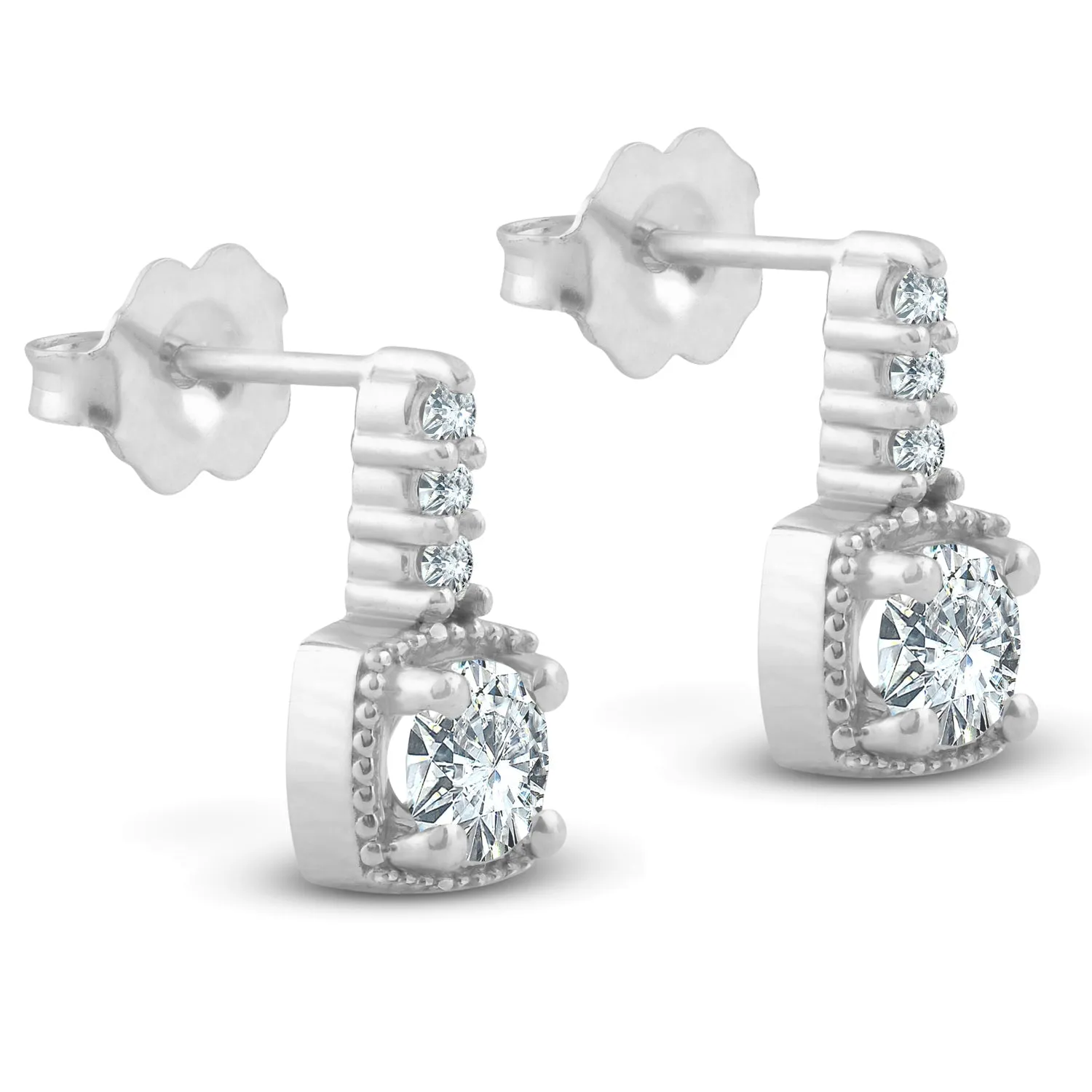 3/4ct Diamond Cushion Framed Drop Earrings 14k White Gold