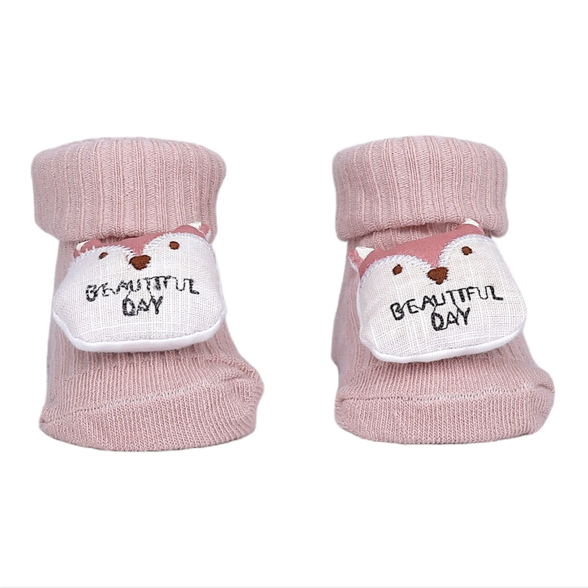 Baby Moo Bunny Fox Bear 3D Rattle Anti-Skid Socks Booties Pack of 3 - Mauve, Mustard