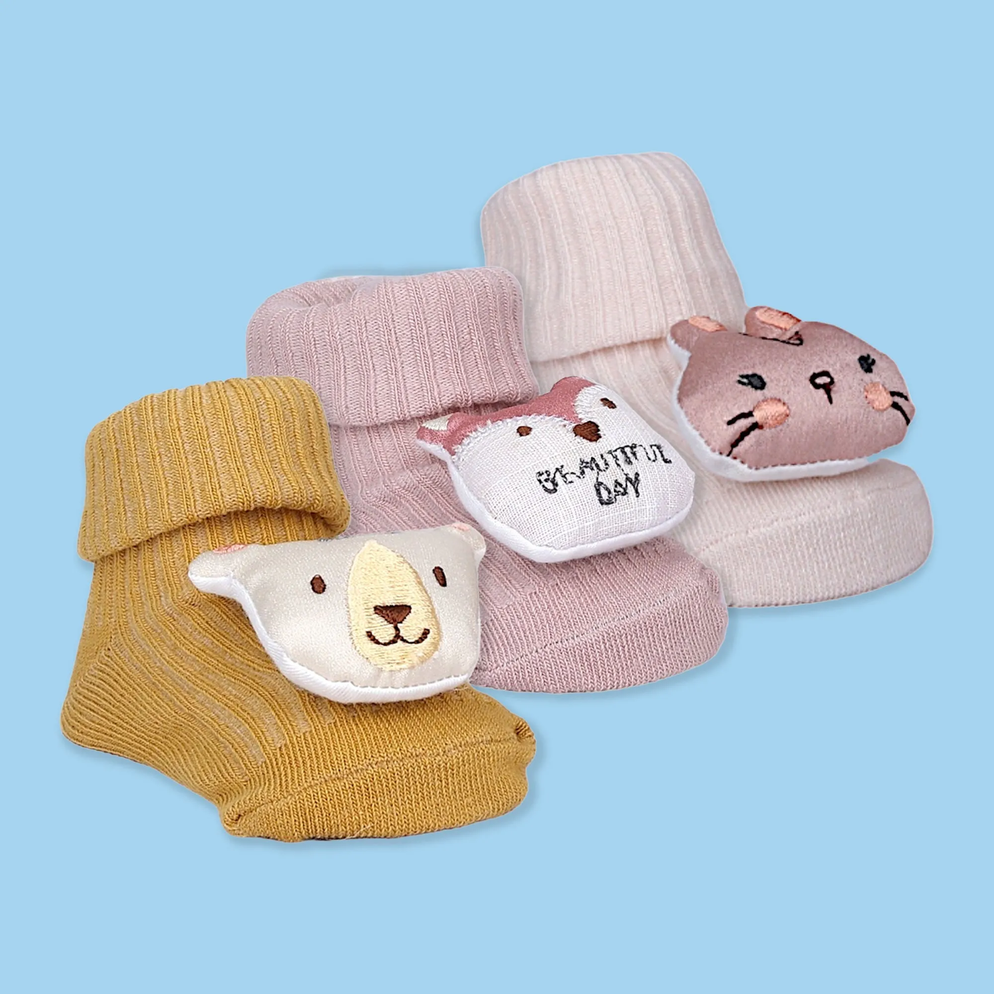 Baby Moo Bunny Fox Bear 3D Rattle Anti-Skid Socks Booties Pack of 3 - Mauve, Mustard