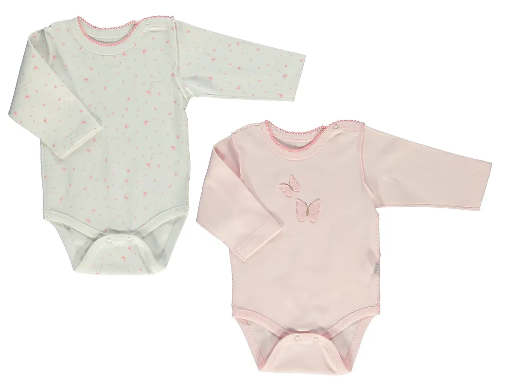 Bebetto Long Sleeve Bodysuits Pink Butterfly 2-Pack (0-12mths)