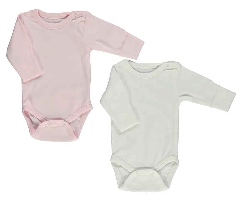 Bebetto Long Sleeve Bodysuits Pink/Ivory Plain 2-Pack (0-3mths)