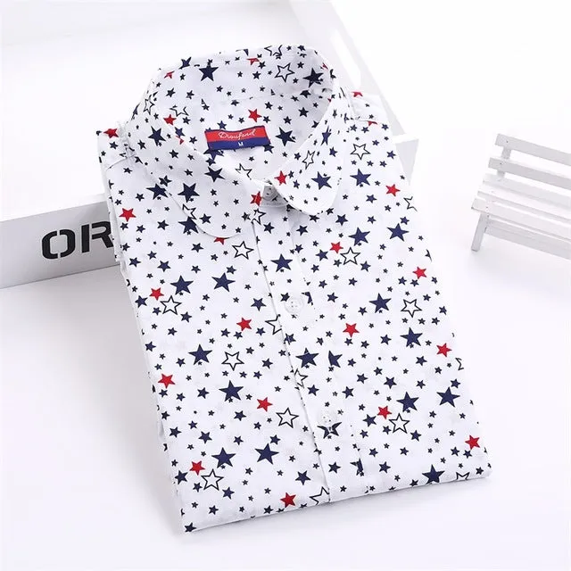 Dioufond Cotton Print Women Blouses Shirts Work Collar Office Ladies Tops Casual Cherry Long Sleeve Shirt Women Fashion Clothing