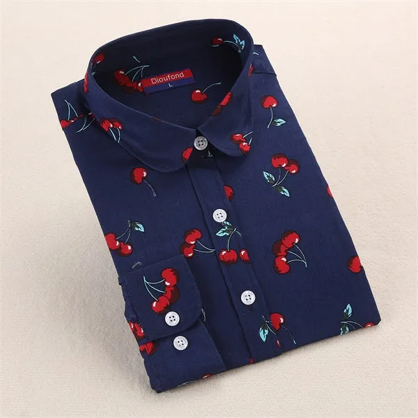 Dioufond Cotton Print Women Blouses Shirts Work Collar Office Ladies Tops Casual Cherry Long Sleeve Shirt Women Fashion Clothing