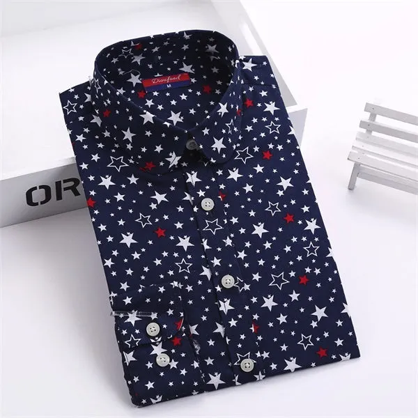 Dioufond Cotton Print Women Blouses Shirts Work Collar Office Ladies Tops Casual Cherry Long Sleeve Shirt Women Fashion Clothing