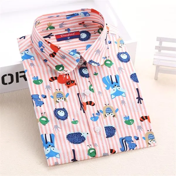 Dioufond Cotton Print Women Blouses Shirts Work Collar Office Ladies Tops Casual Cherry Long Sleeve Shirt Women Fashion Clothing