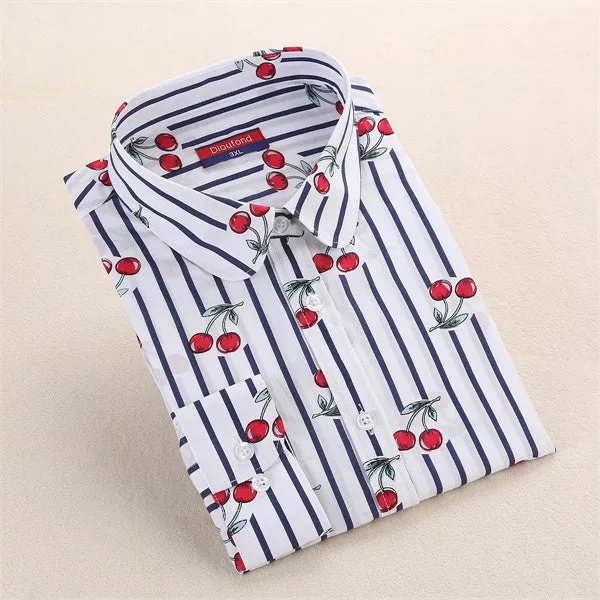 Dioufond Cotton Print Women Blouses Shirts Work Collar Office Ladies Tops Casual Cherry Long Sleeve Shirt Women Fashion Clothing