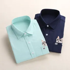 Dioufond Women Spring Shirt Turn-Down Collar Ladies Blouses Long-Sleeve Shirt Female Office Tops Pocket With Cat Embroidery