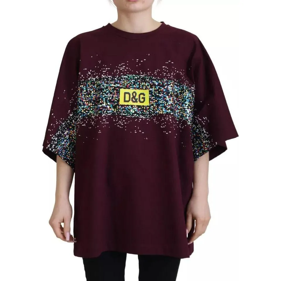 Dolce & Gabbana Bordeaux D&G Print Round Neck Cotton T-shirt