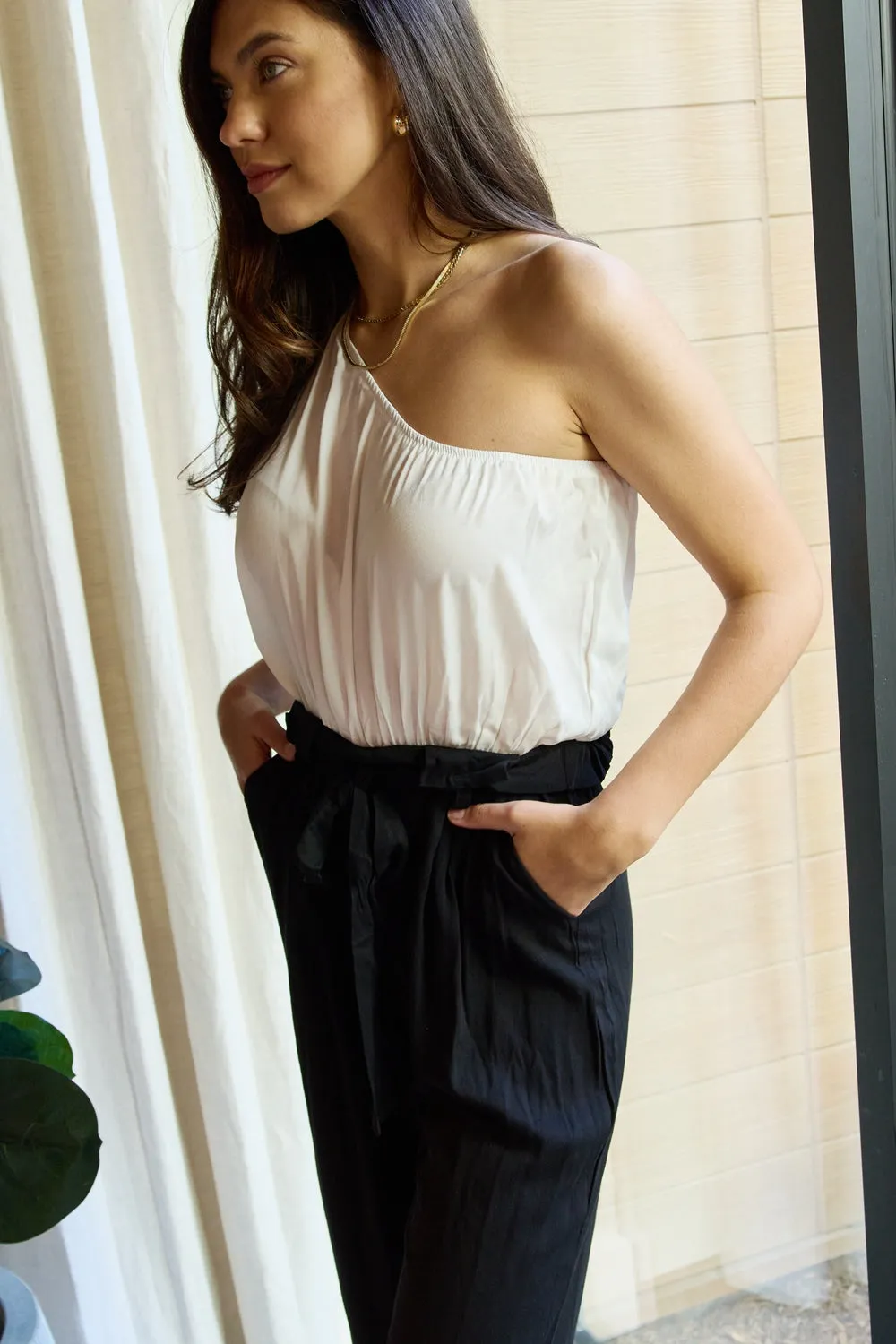 Dress Day Marvelous in Manhattan One-Shoulder Jumpsuit in White/Black - Ships from The US