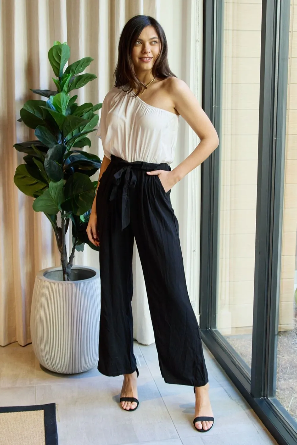 Dress Day Marvelous in Manhattan One-Shoulder Jumpsuit in White/Black - Ships from The US