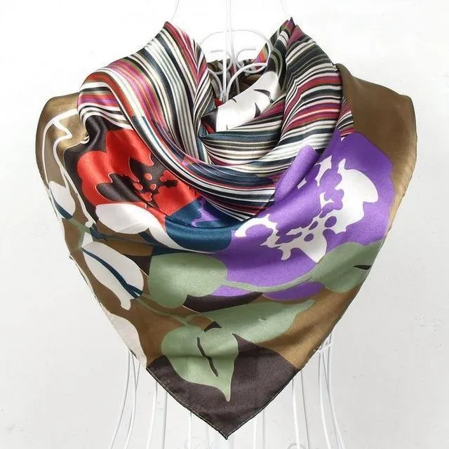 Elegent Women Large Square Silk Scarf Printed,90*90cm Fashion Spring And Autumn Grey And Purple Polyester Silk Scarf Shawl