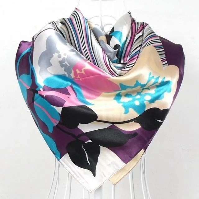 Elegent Women Large Square Silk Scarf Printed,90*90cm Fashion Spring And Autumn Grey And Purple Polyester Silk Scarf Shawl