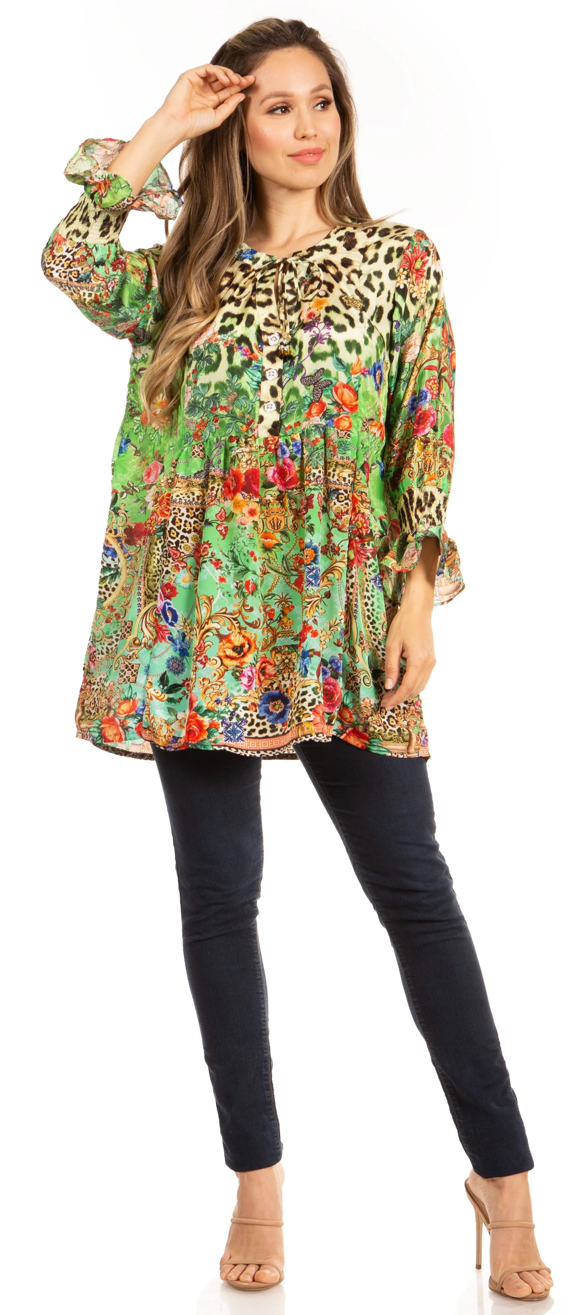 Elvira Floral Tunic Blouse - Women's Loose Swing Top with Long Sleeves and Scoop Neck by Sakkas