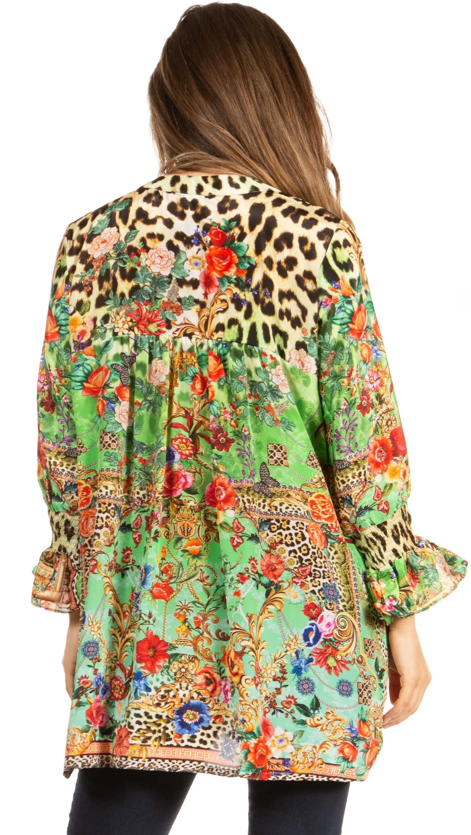 Elvira Floral Tunic Blouse - Women's Loose Swing Top with Long Sleeves and Scoop Neck by Sakkas