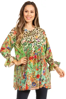 Elvira Floral Tunic Blouse - Women's Loose Swing Top with Long Sleeves and Scoop Neck by Sakkas