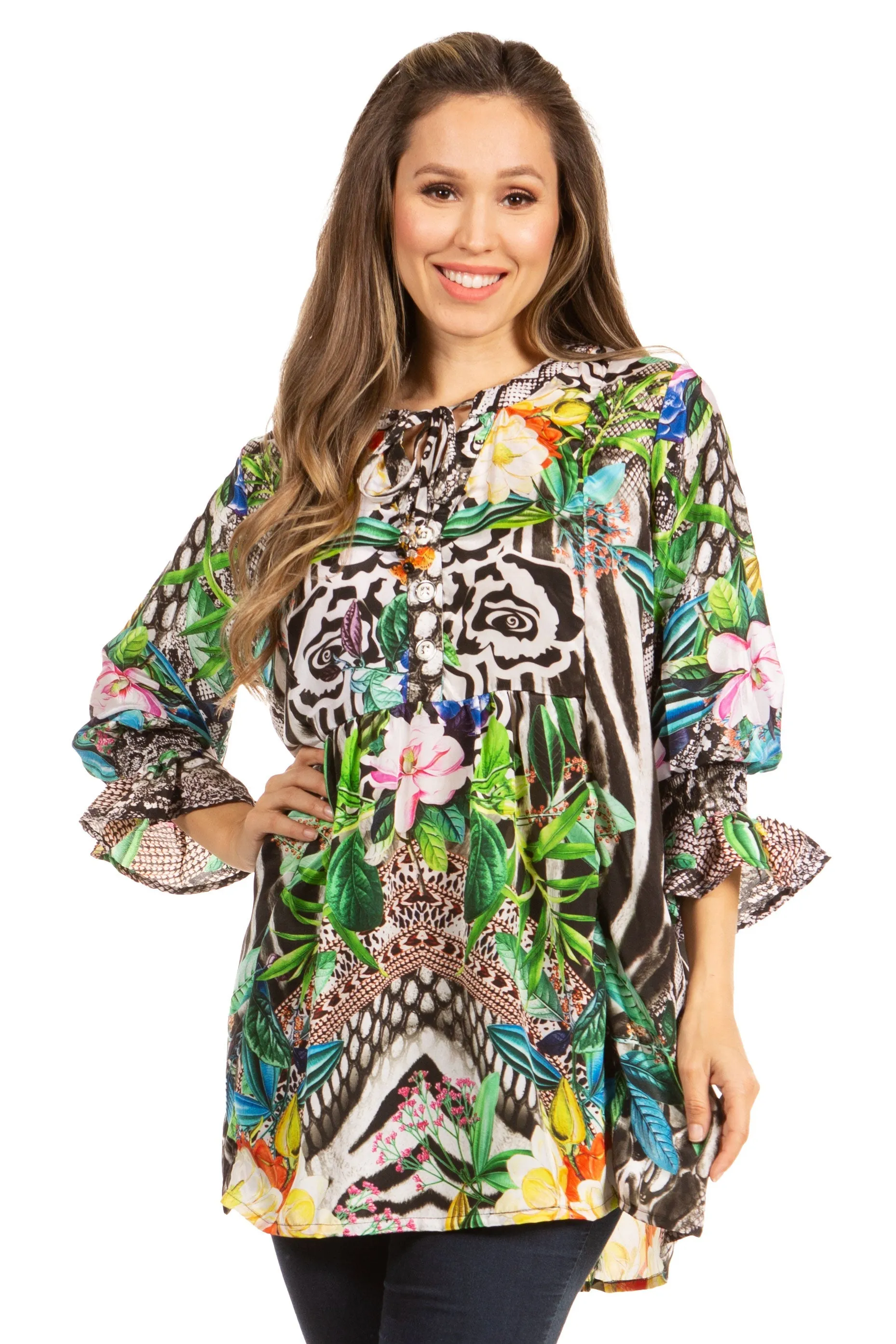 Elvira Floral Tunic Blouse - Women's Loose Swing Top with Long Sleeves and Scoop Neck by Sakkas