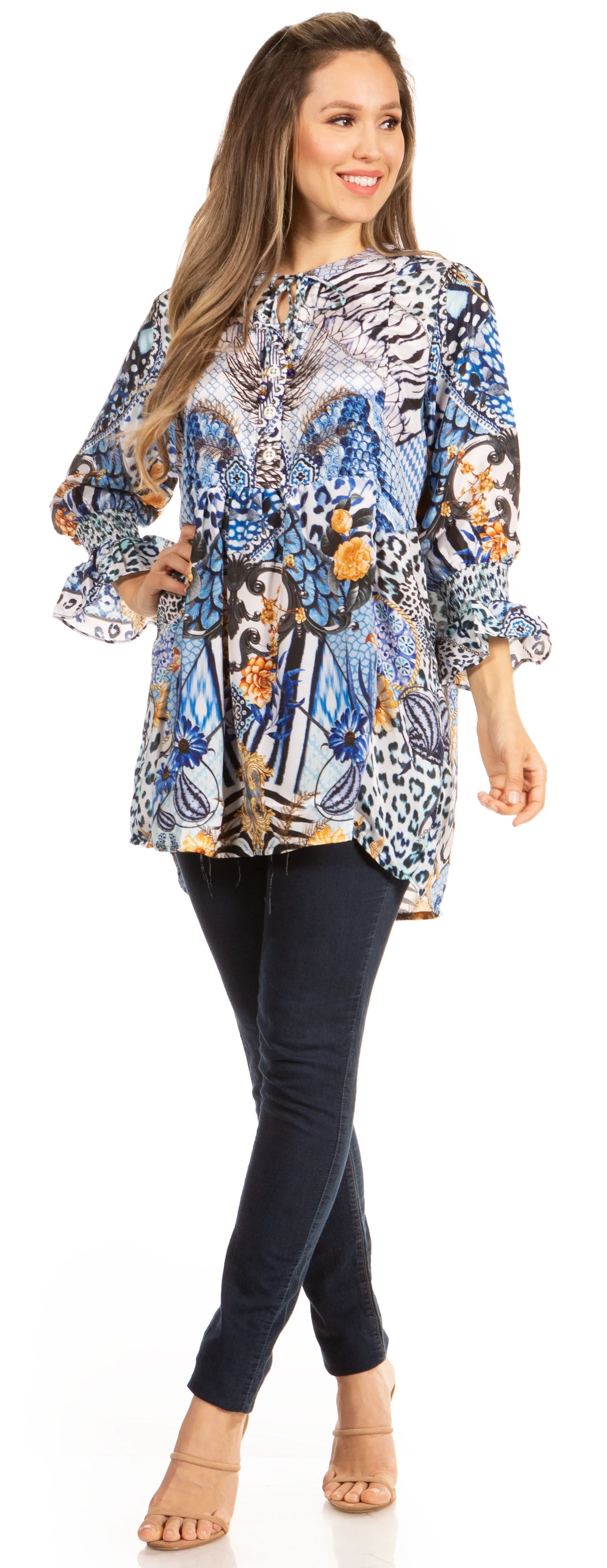 Elvira Floral Tunic Blouse - Women's Loose Swing Top with Long Sleeves and Scoop Neck by Sakkas