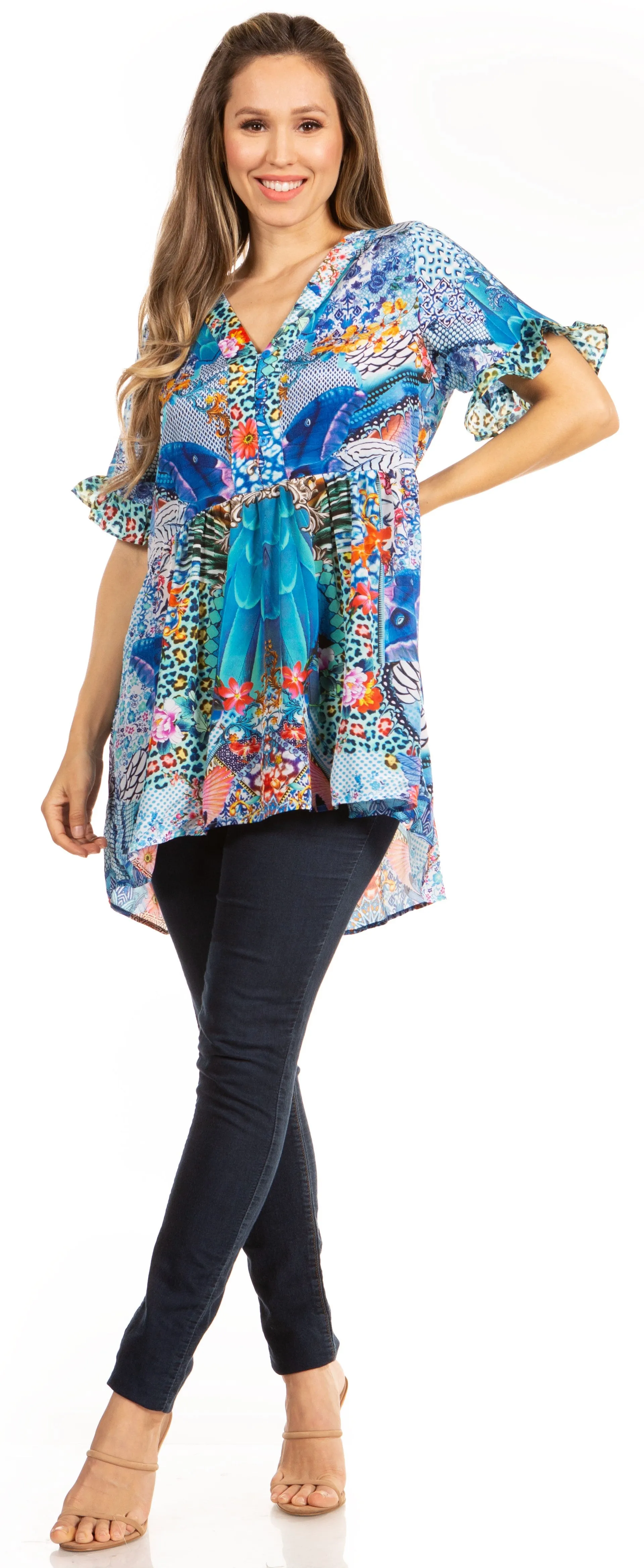 Get Summer Ready with Sakkas Eli Women's Floral Ruffle Top Blouse Tunic