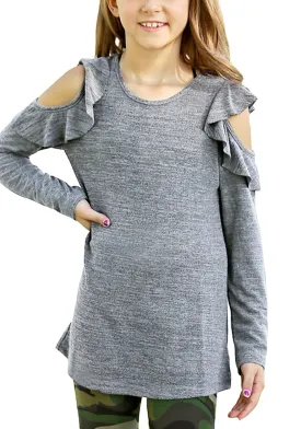 Grey Melange Long Sleeves Ruffled Cold-Shoulder Girl Top