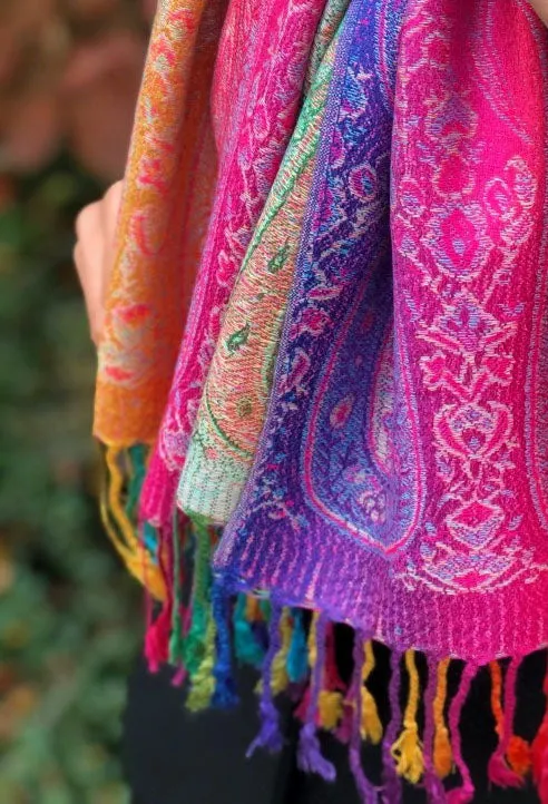 LARGE FUSCHIA PINK RAINBOW FLORAL PAISLEY PASHMINA SHAWL SCARF