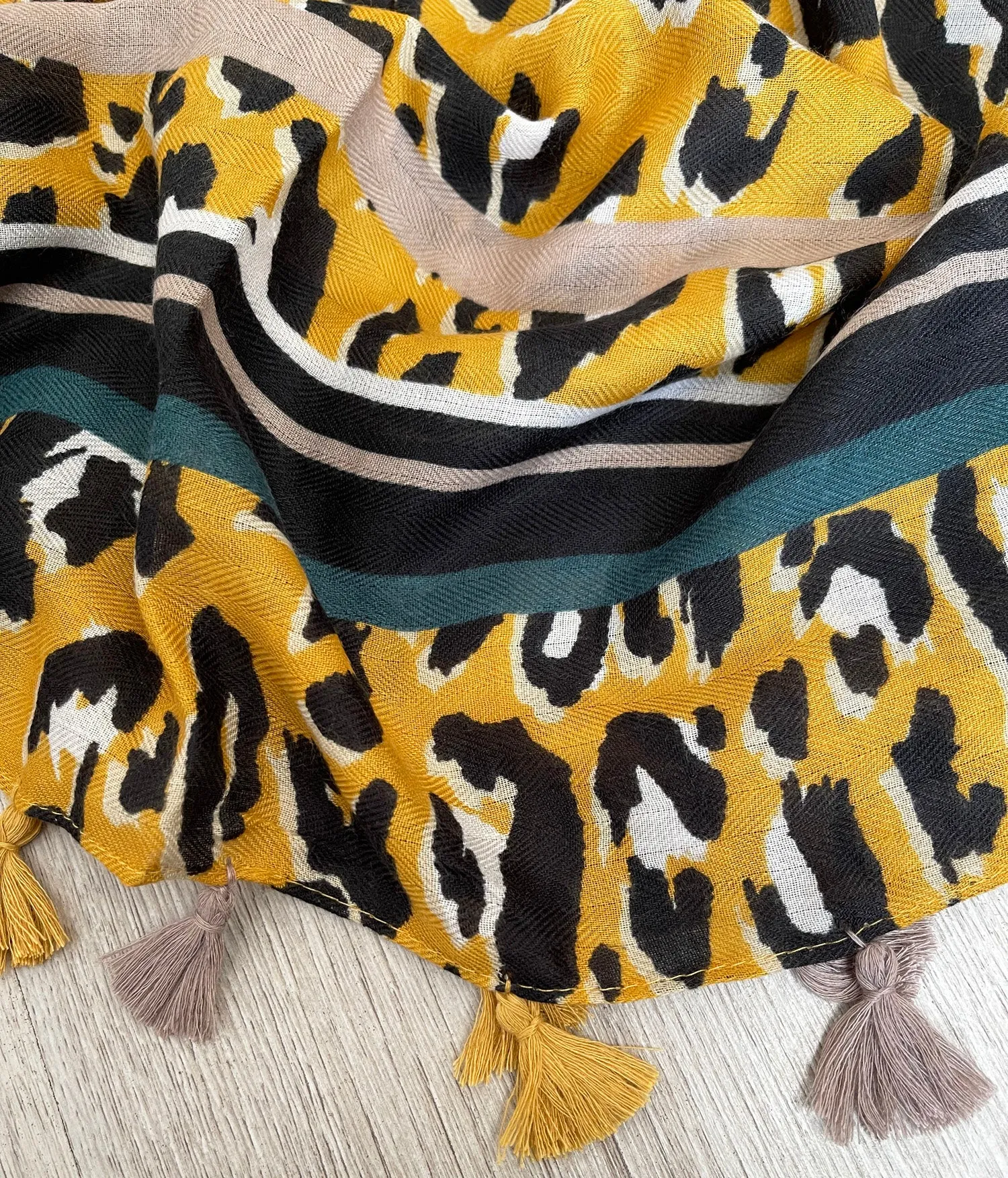 LARGE MUSTARD YELLOW TRIBAL LEOPARD PRINT SCARF WITH TASSELS