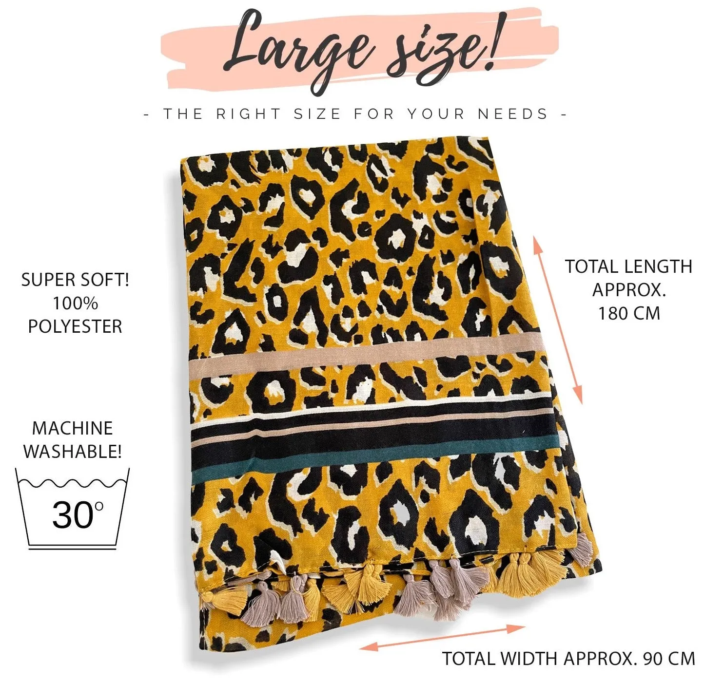 LARGE MUSTARD YELLOW TRIBAL LEOPARD PRINT SCARF WITH TASSELS