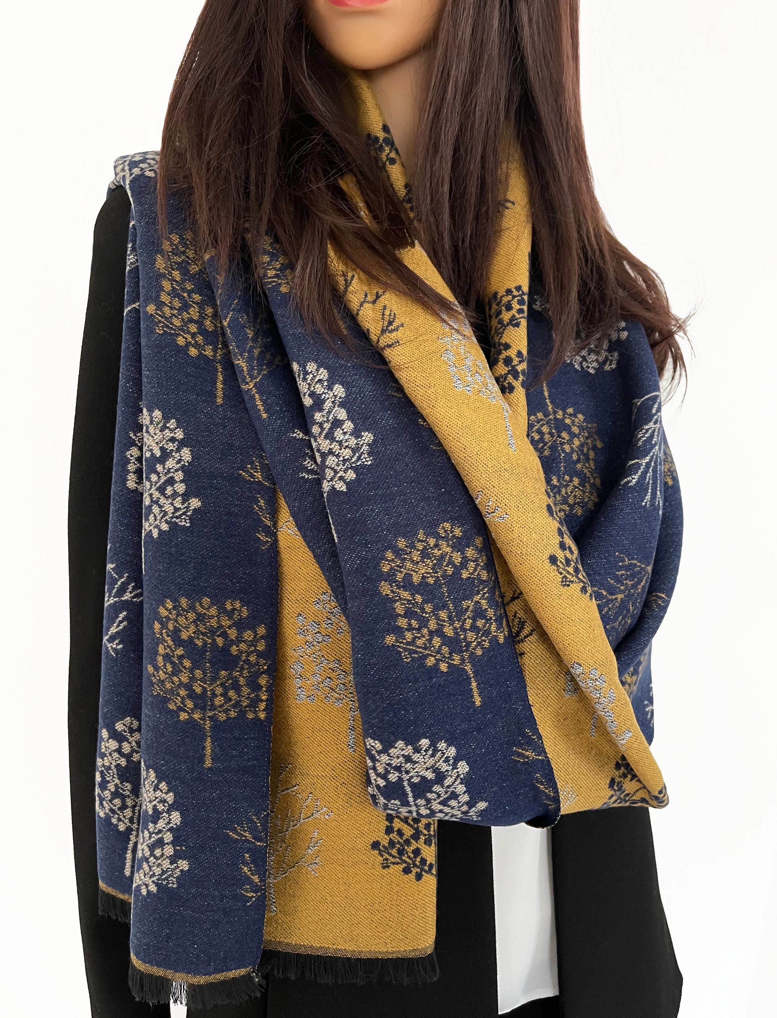 LARGE NAVY YELLOW SKANDI TREE REVERSIBLE WINTER SHAWL WRAP BLANKET SCARF