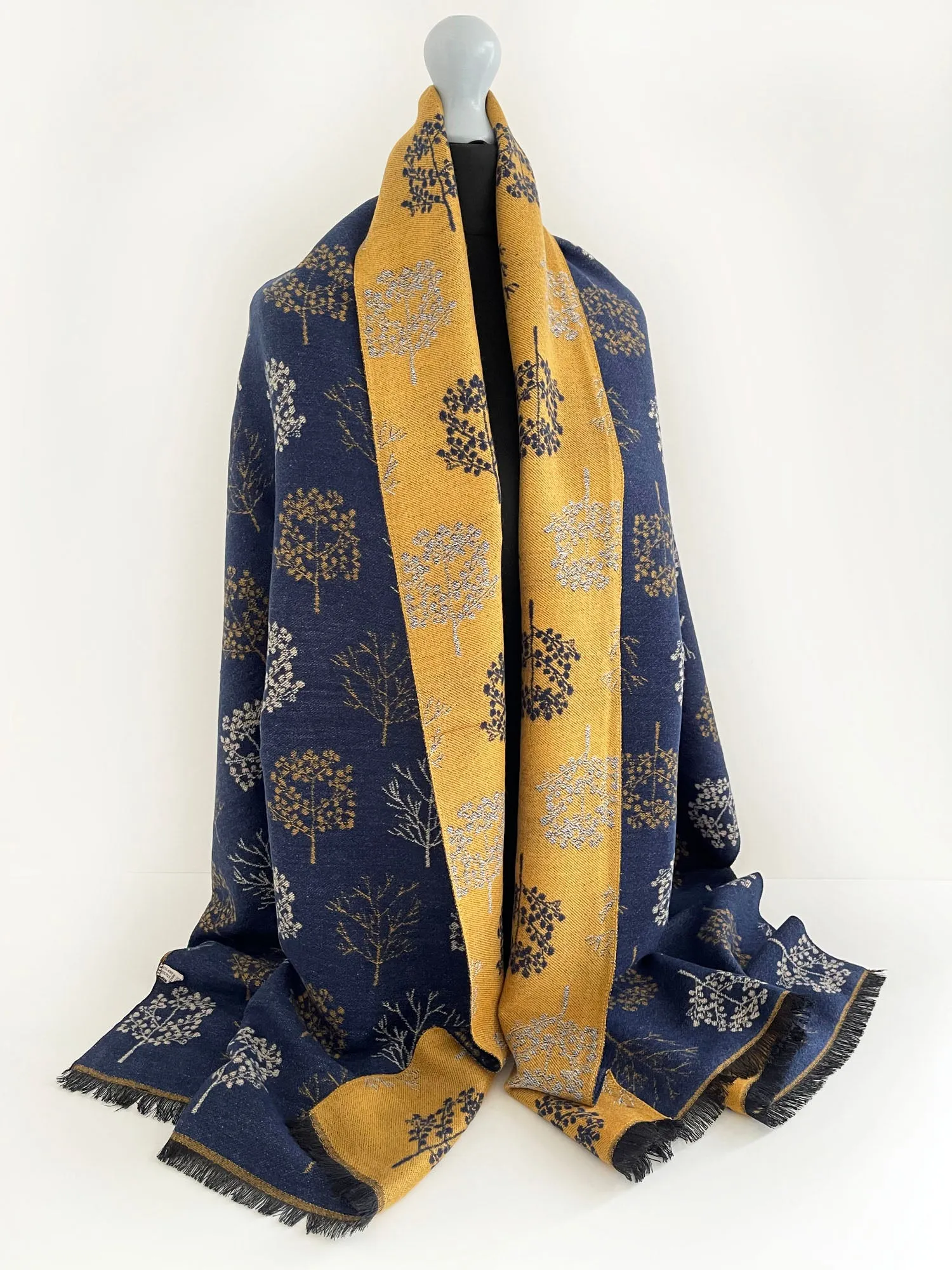 LARGE NAVY YELLOW SKANDI TREE REVERSIBLE WINTER SHAWL WRAP BLANKET SCARF