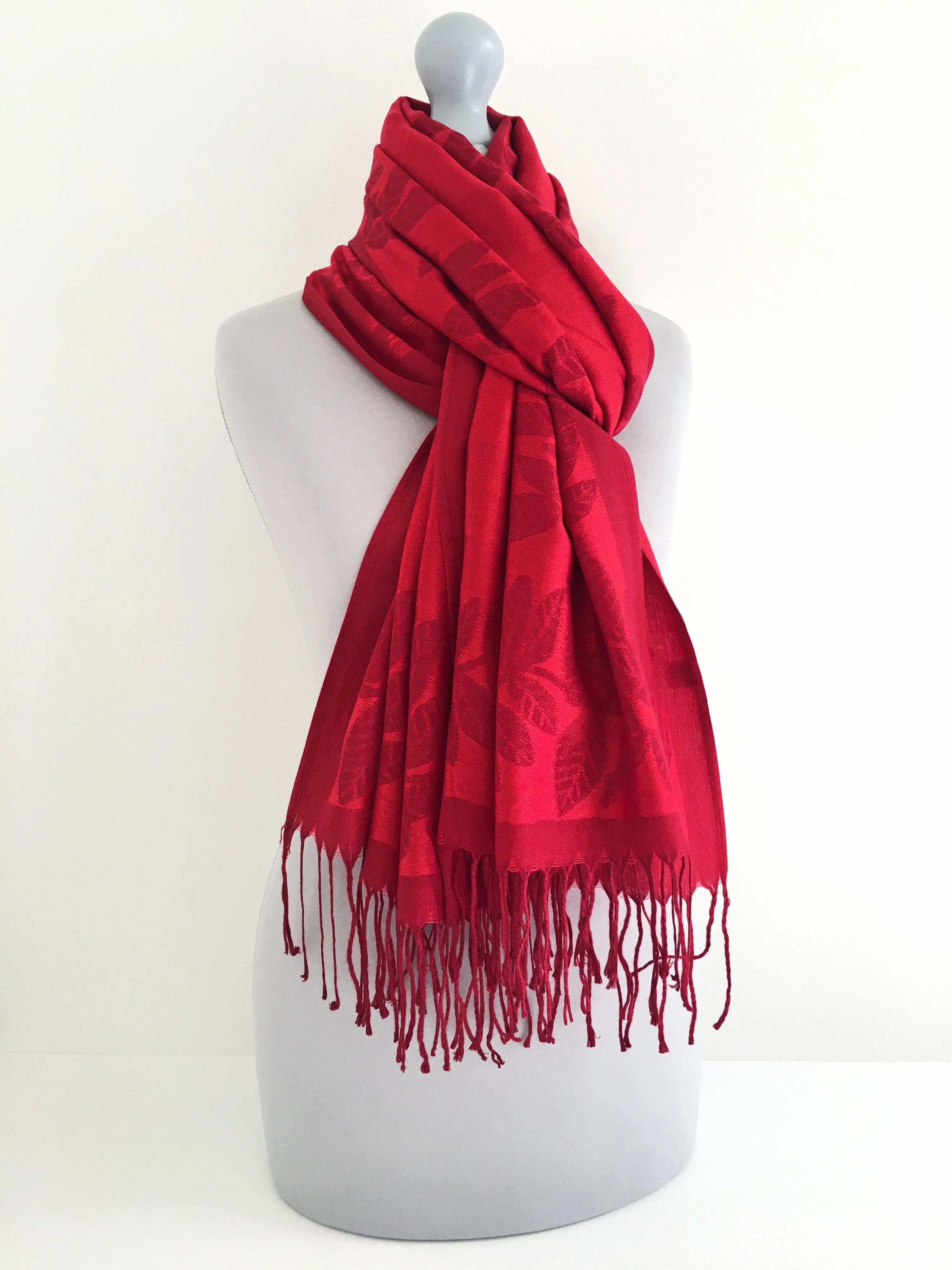 LARGE RED LEAF PRINT REVERSIBLE PASHMINA SHAWL SCARF