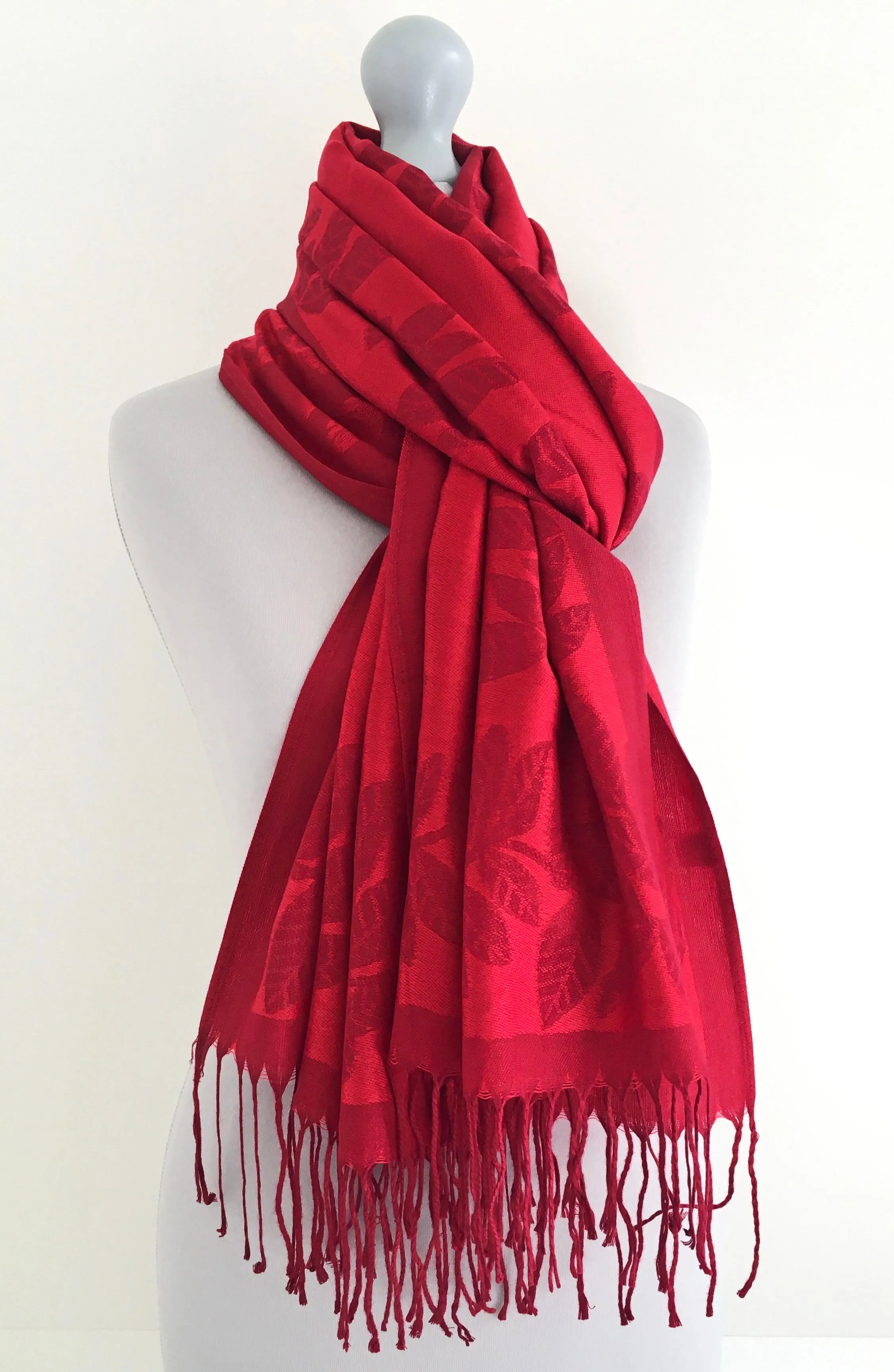 LARGE RED LEAF PRINT REVERSIBLE PASHMINA SHAWL SCARF