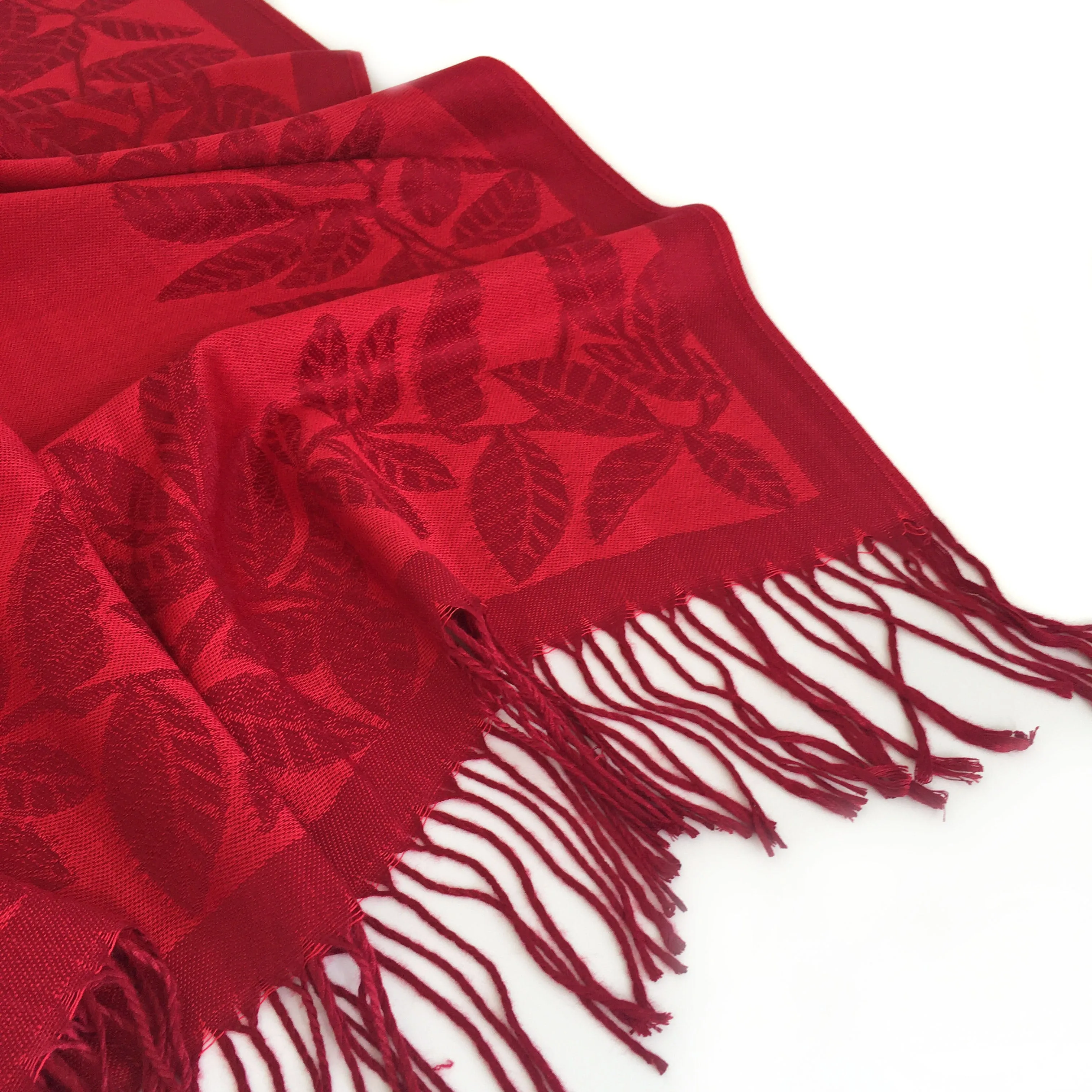 LARGE RED LEAF PRINT REVERSIBLE PASHMINA SHAWL SCARF