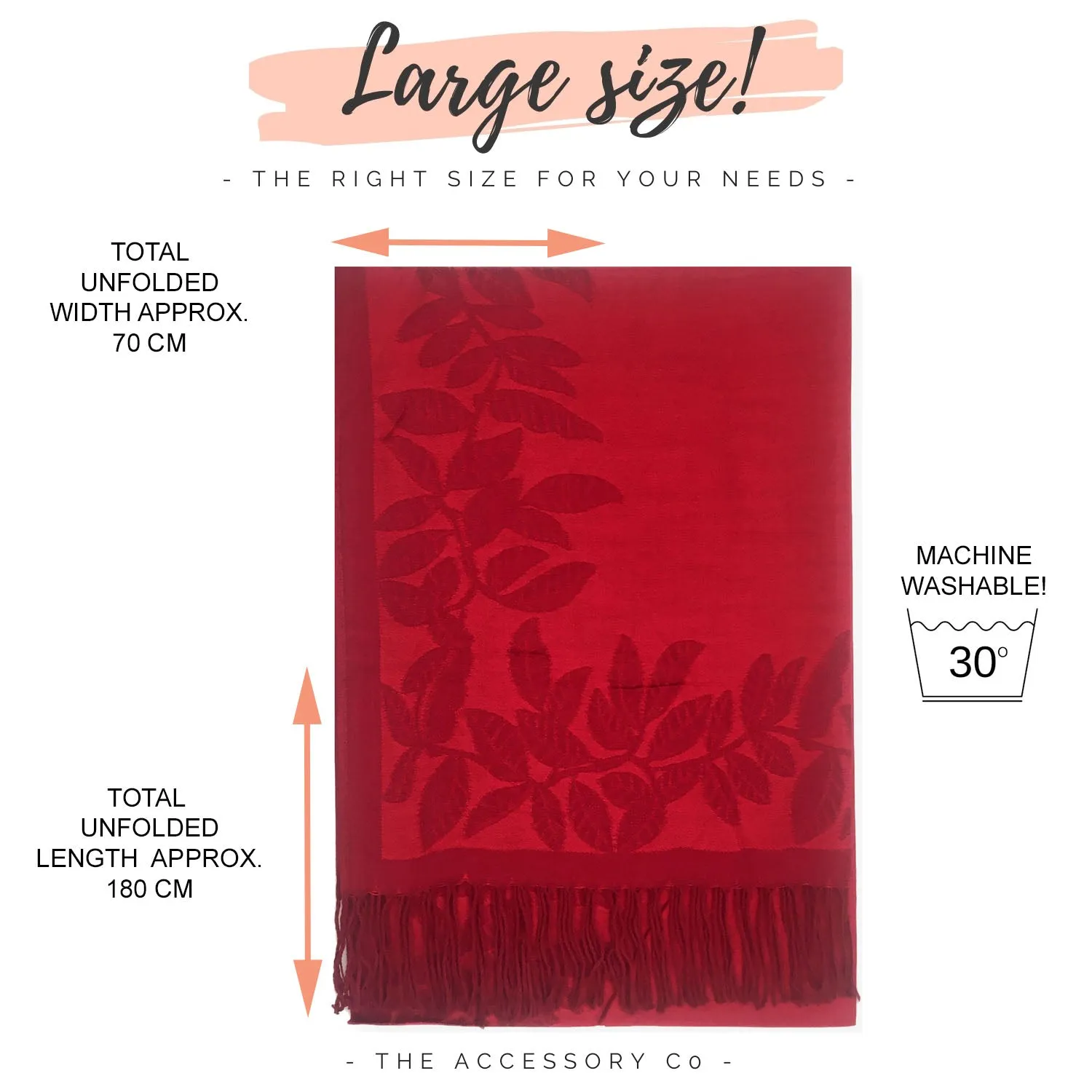 LARGE RED LEAF PRINT REVERSIBLE PASHMINA SHAWL SCARF