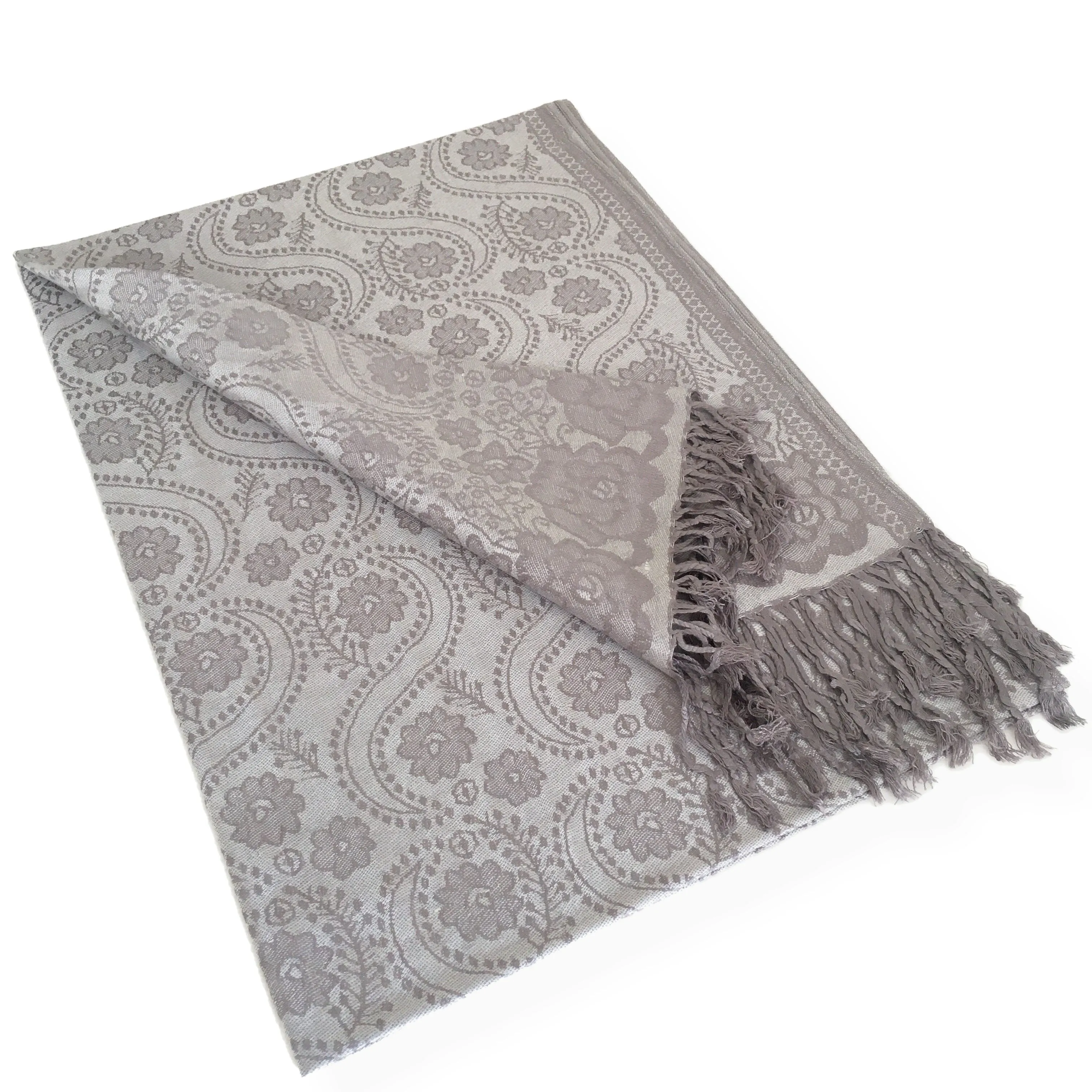 LARGE SILVER SWIRL FLORAL PRINT REVERSIBLE PASHMINA SHAWL SCARF