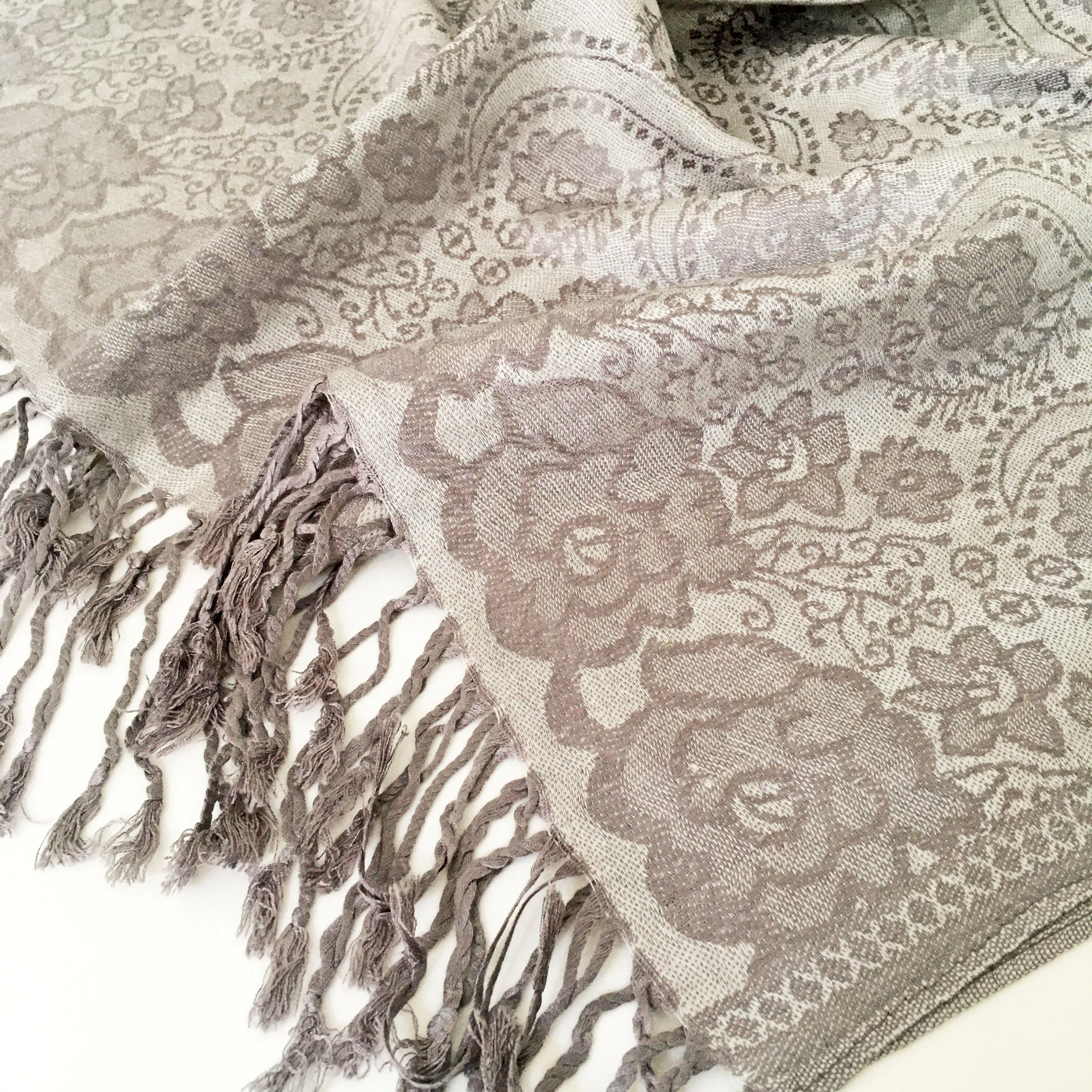 LARGE SILVER SWIRL FLORAL PRINT REVERSIBLE PASHMINA SHAWL SCARF