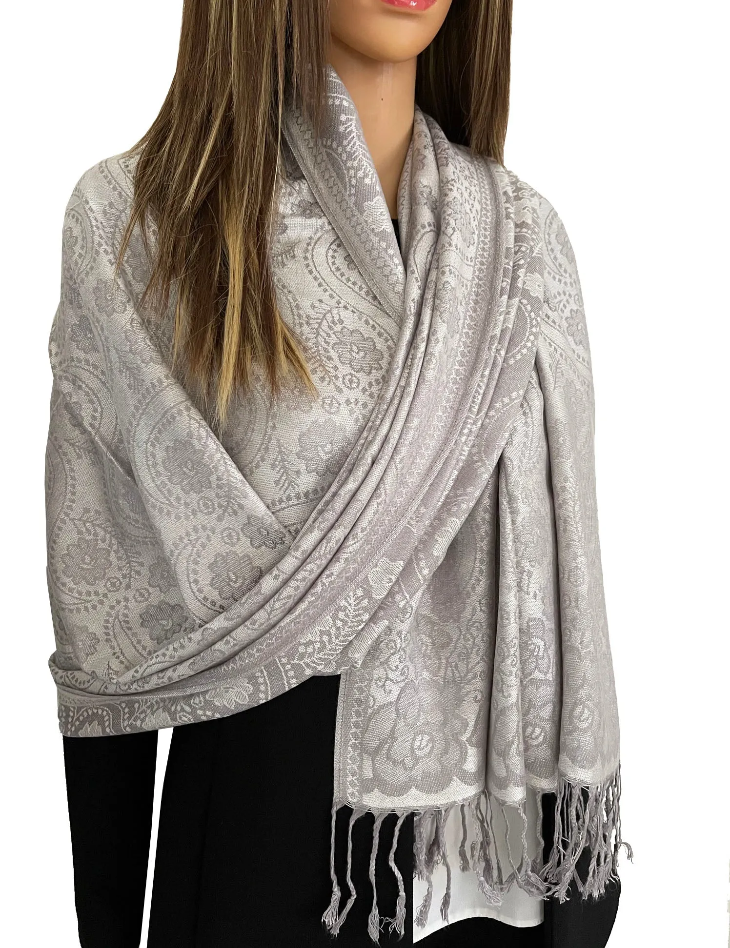 LARGE SILVER SWIRL FLORAL PRINT REVERSIBLE PASHMINA SHAWL SCARF