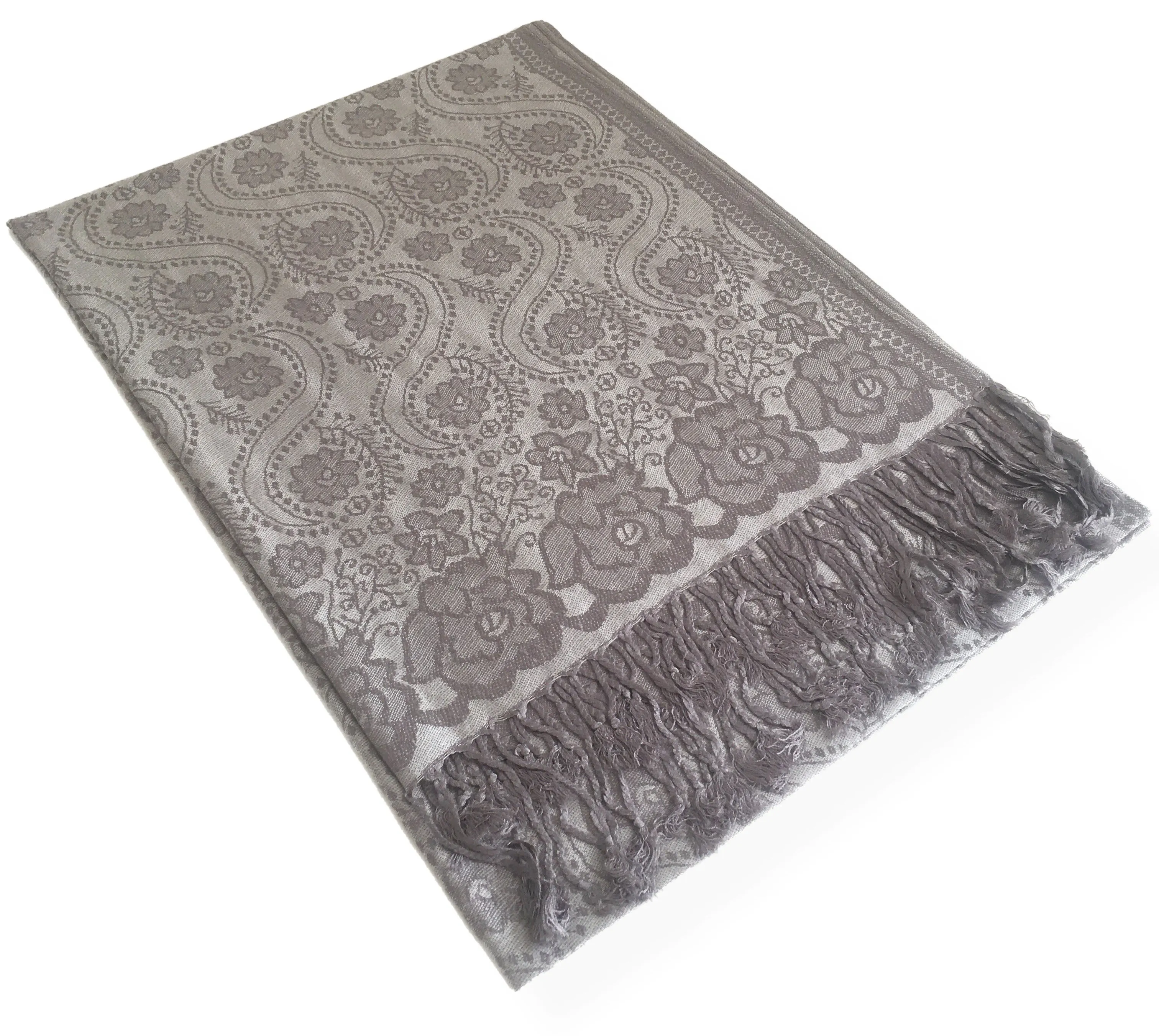 LARGE SILVER SWIRL FLORAL PRINT REVERSIBLE PASHMINA SHAWL SCARF