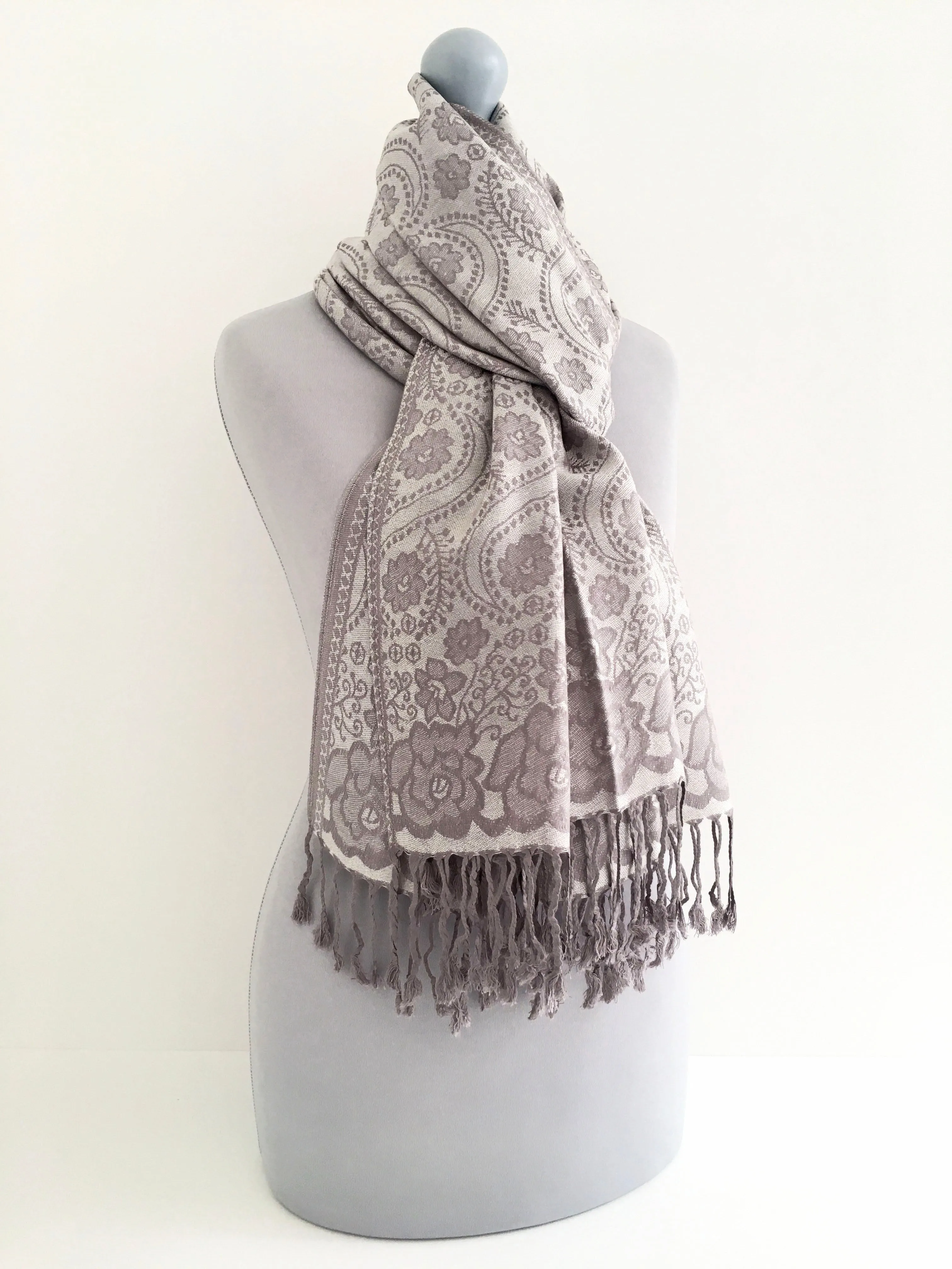 LARGE SILVER SWIRL FLORAL PRINT REVERSIBLE PASHMINA SHAWL SCARF