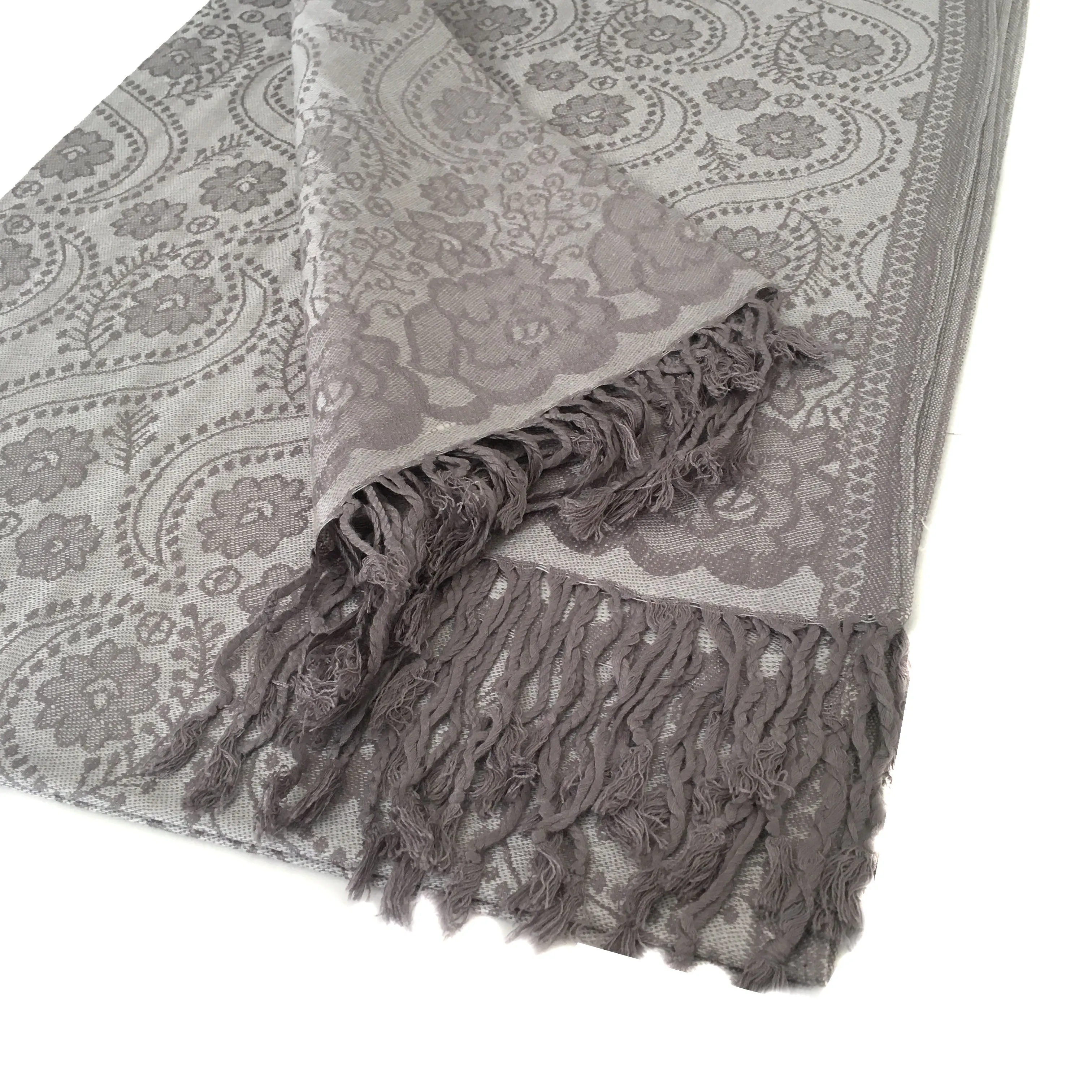 LARGE SILVER SWIRL FLORAL PRINT REVERSIBLE PASHMINA SHAWL SCARF