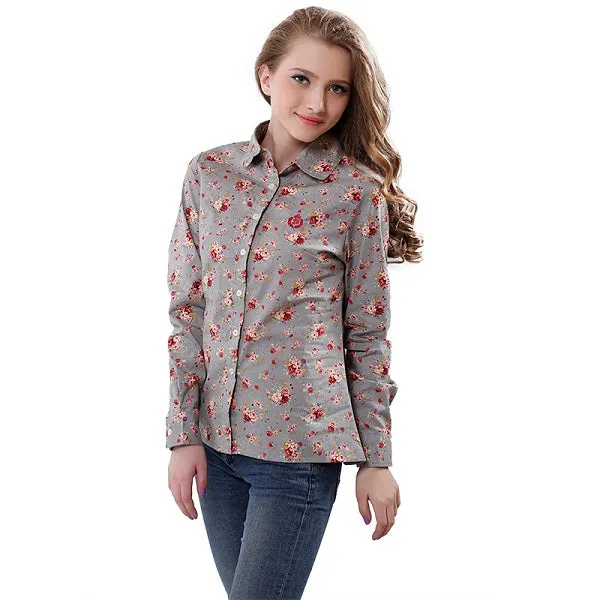 lollas New Women's Floral Print Blouses Cotton Shirts Women Vintage Turn-Down Collar Tops Ladies Work Long Sleeve Blouse