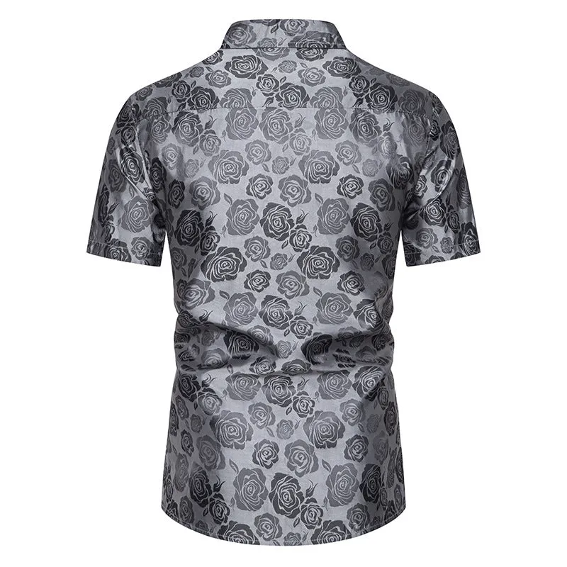 Men Floral Fabric Glossy Turnover Collar Short Sleeves Shirt