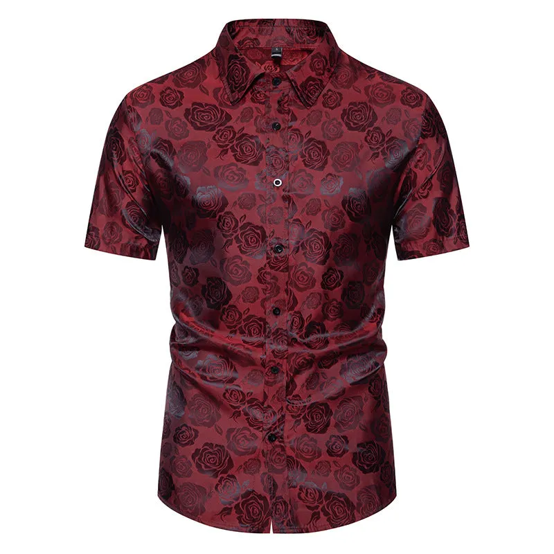 Men Floral Fabric Glossy Turnover Collar Short Sleeves Shirt