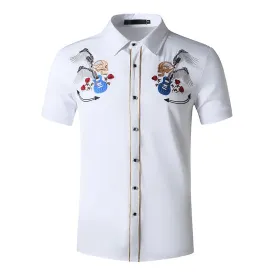 Men Turnover Collar Embroidery Skeleton Short Sleeves Shirt