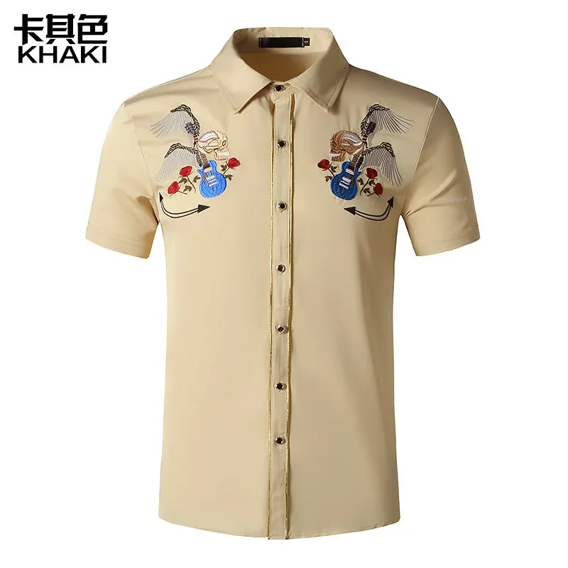 Men Turnover Collar Embroidery Skeleton Short Sleeves Shirt